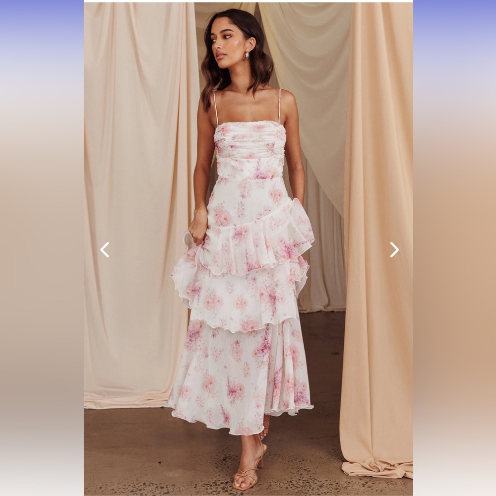 White and Pink Tiered Ruffle Maxi Dress